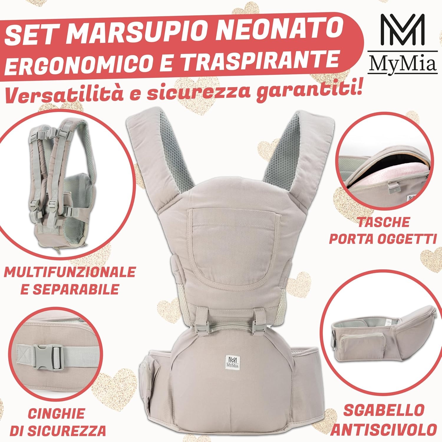 Nosidełko dla niemowląt w wieku 0-36 miesięcy, plecak dziecięcy z regulowanymi paskami i ergonomicznym podparciem głowy z tkaniny (SZARY)