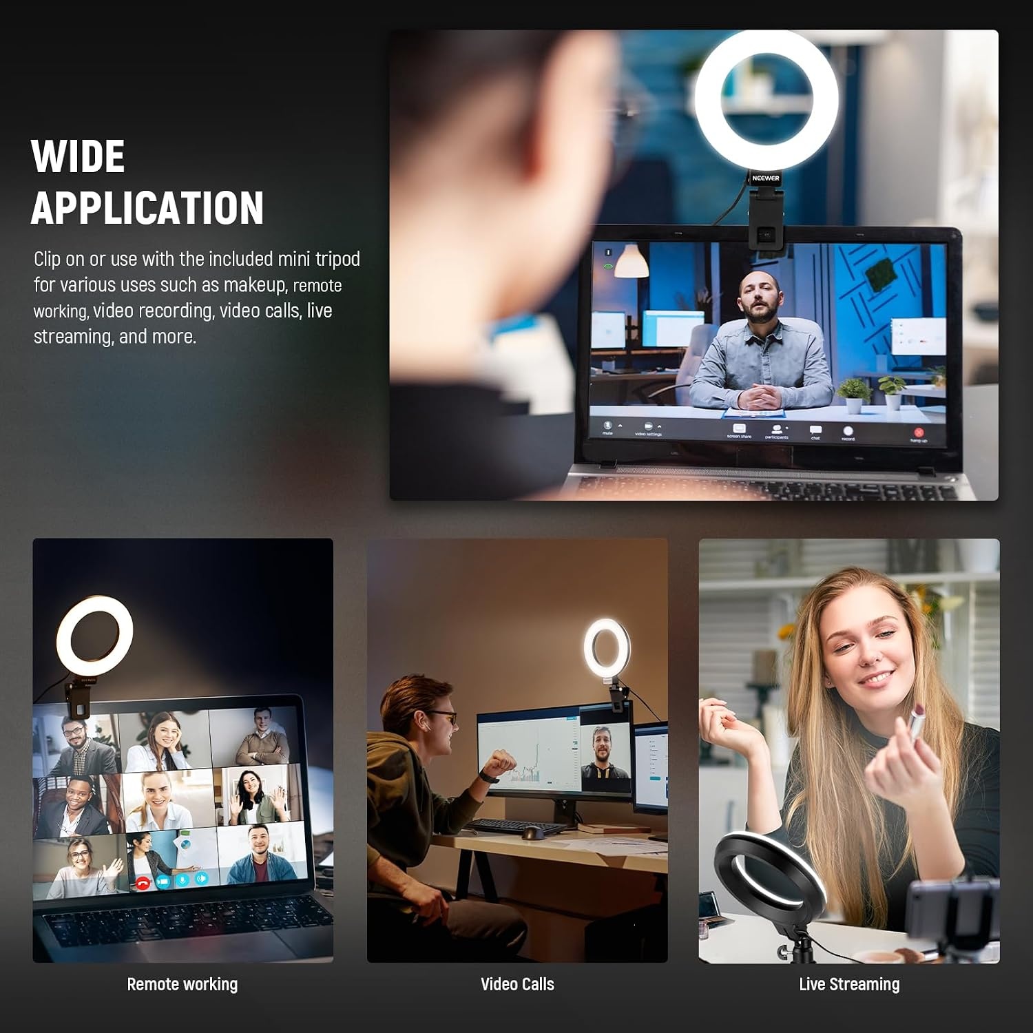 Ringlamp 5 inch voor videoconferenties, streaming & content creatie | CRI 97+ | 5 kleurmodi (warm-koel wit) | 10 helderheidsniveaus