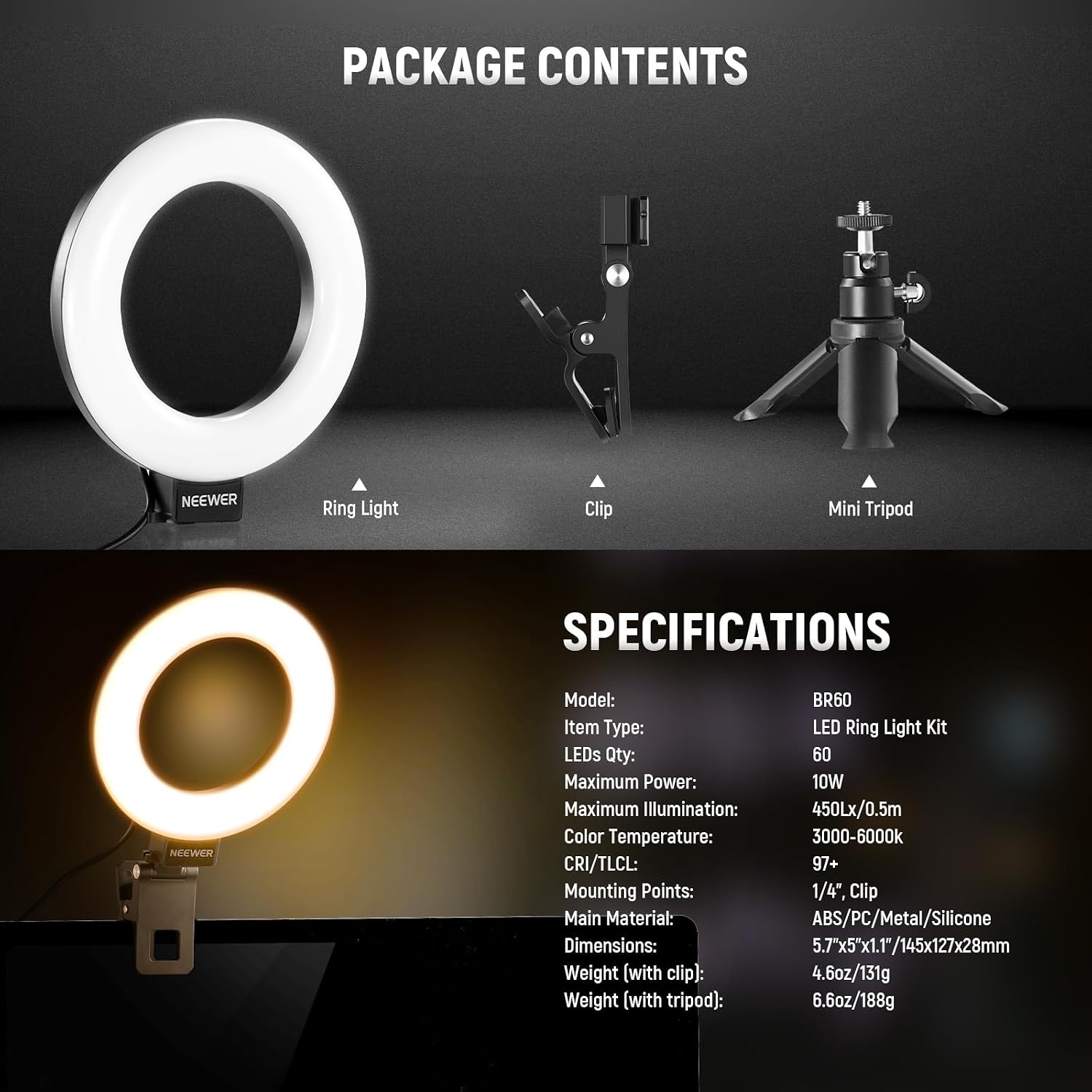 Ringlamp 5 inch voor videoconferenties, streaming & content creatie | CRI 97+ | 5 kleurmodi (warm-koel wit) | 10 helderheidsniveaus