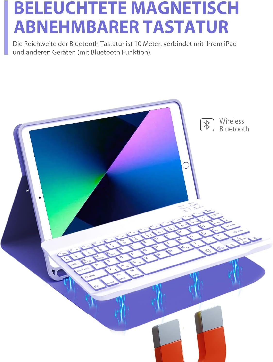 Toetsenbordhoes voor iPad 9e/8e/7e Generatie (10.2 inch) & Air 3 / Pro 10.5 | Magnetisch Afneembaar Bluetooth Schaarmechanisme Toetsen - Paars
