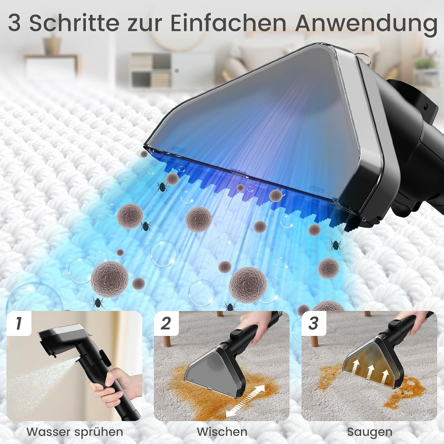 Kitcanis Gestoffeerde reiniger, natzuiger, waszuiger, 17 kPa, 78 dB, 600 W, met 4 sproeiers, vlekborstel, waszuiger, kussenreiniger voor tapijt, bank, mat, bekleding