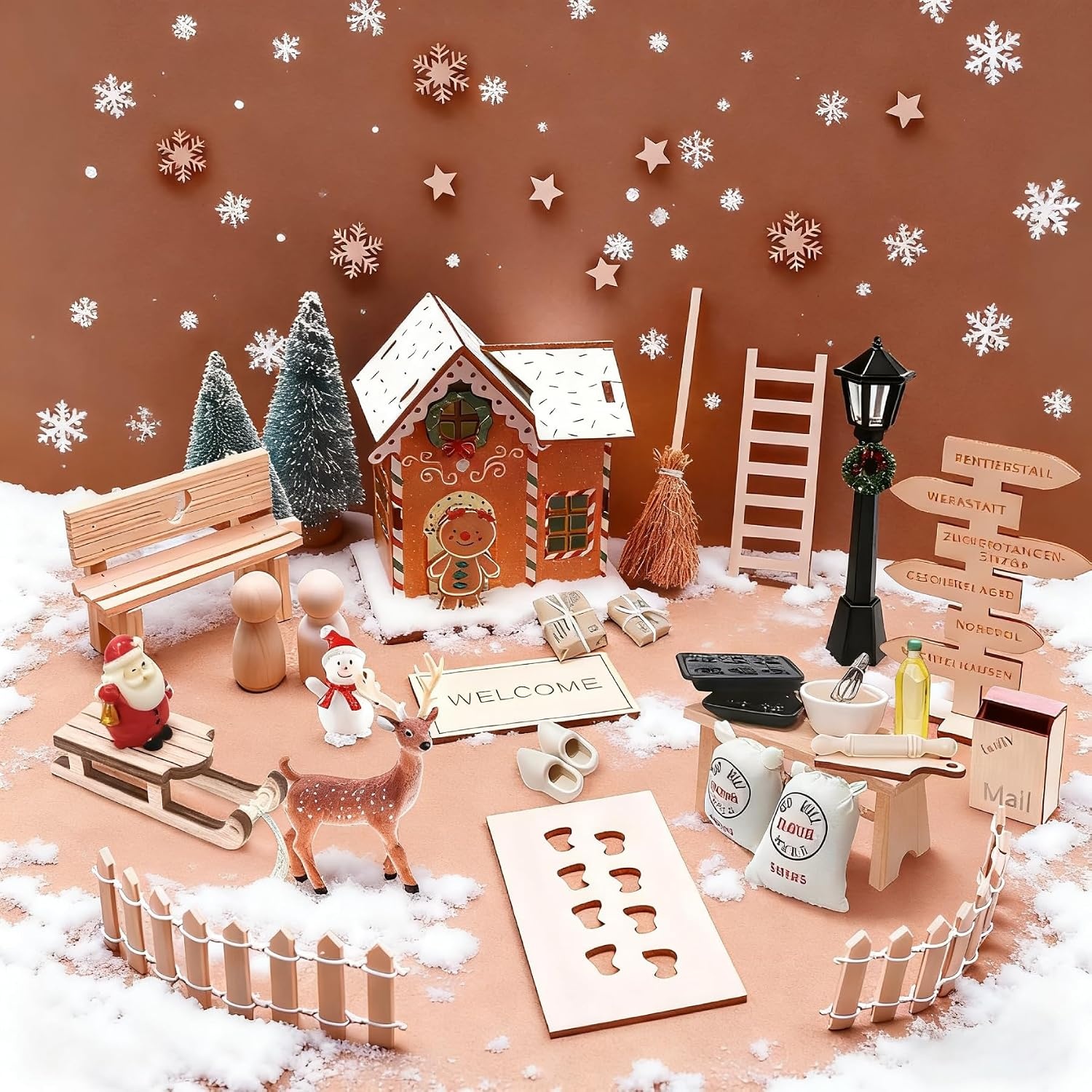 38-Delige Kerst Kabouterdeur Set - Houten Accessoires voor Sfeervolle Kerstdecoratie