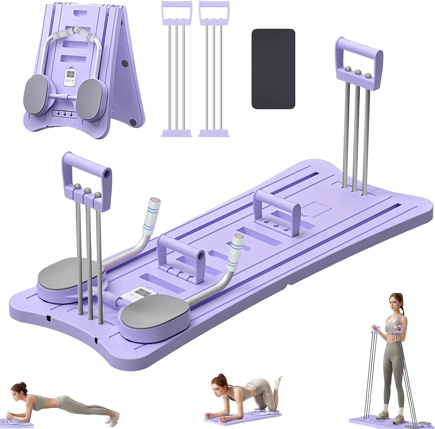 Pilates Reformer, Pilates Board Pliable, Planche Pilate Multifonctionnelle avec Rouleau Abdominal Rebond Automatique, Pompes et Corde de Tension, Kit Pilates Maison