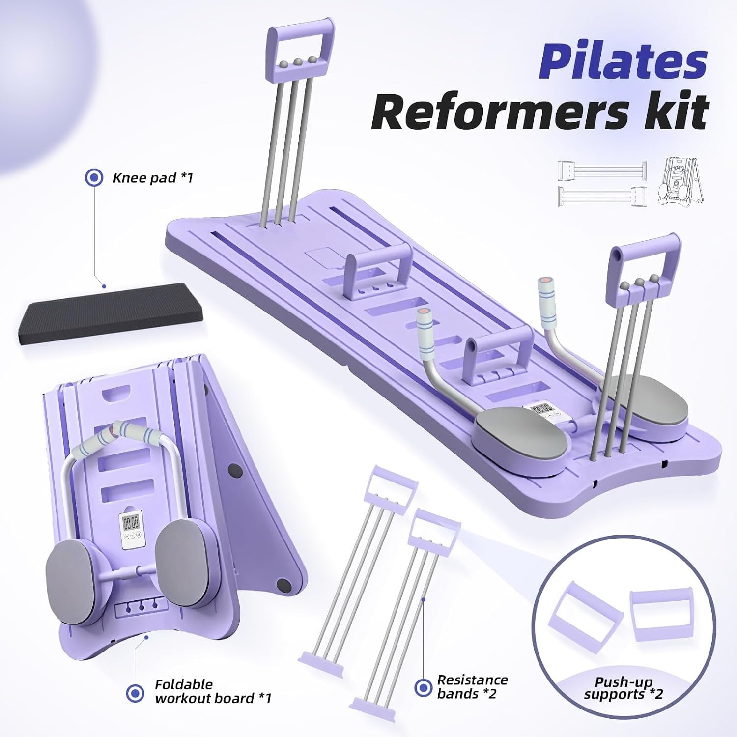 Pilates Reformer, Pilates Board Pliable, Planche Pilate Multifonctionnelle avec Rouleau Abdominal Rebond Automatique, Pompes et Corde de Tension, Kit Pilates Maison