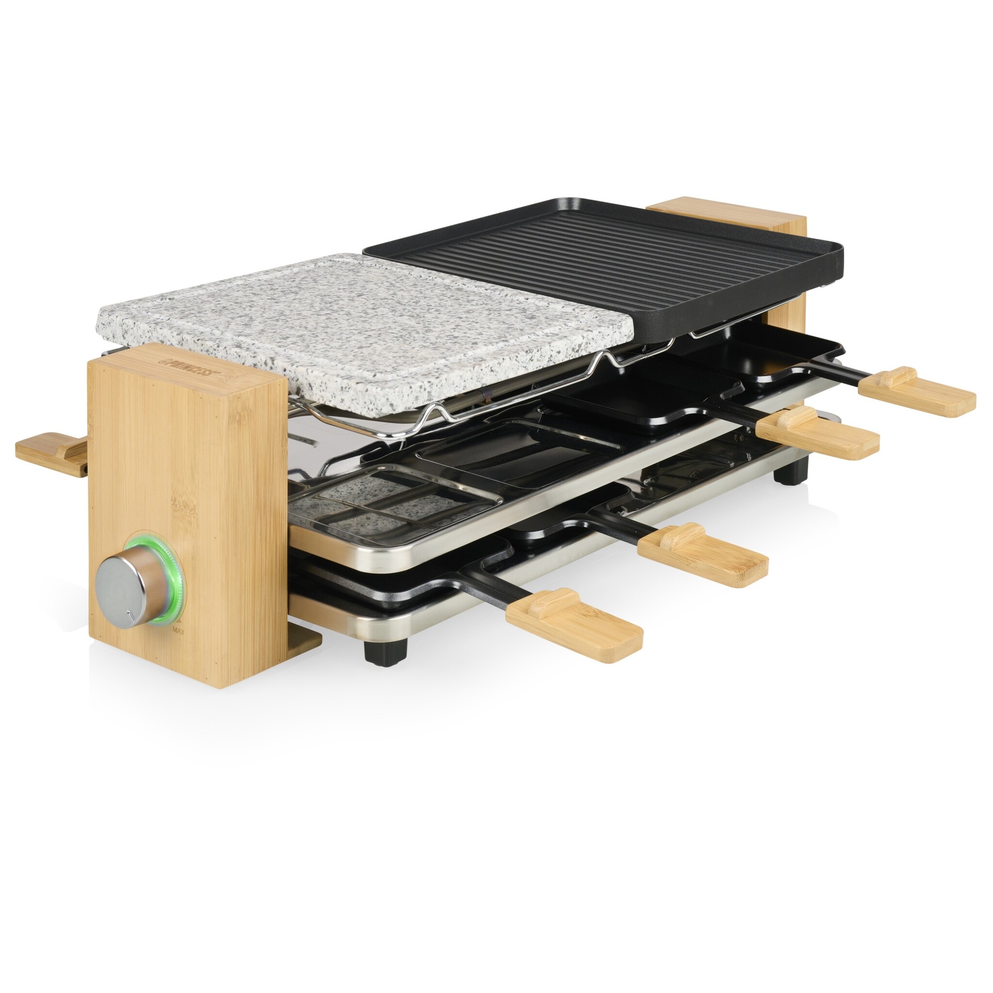 Raclette Grill 8 Pers. | 1300W Bamboe | Steengrill & Omkeerbaar