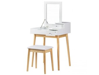 Houten Kaptafel Wit met Inklapspiegel & Kruk - 35% Korting