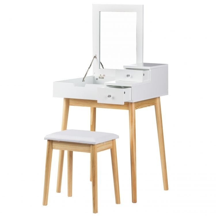 Houten Kaptafel Wit met Inklapspiegel & Kruk - 35% Korting
