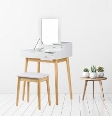 Houten Kaptafel Wit met Inklapspiegel & Kruk - 35% Korting