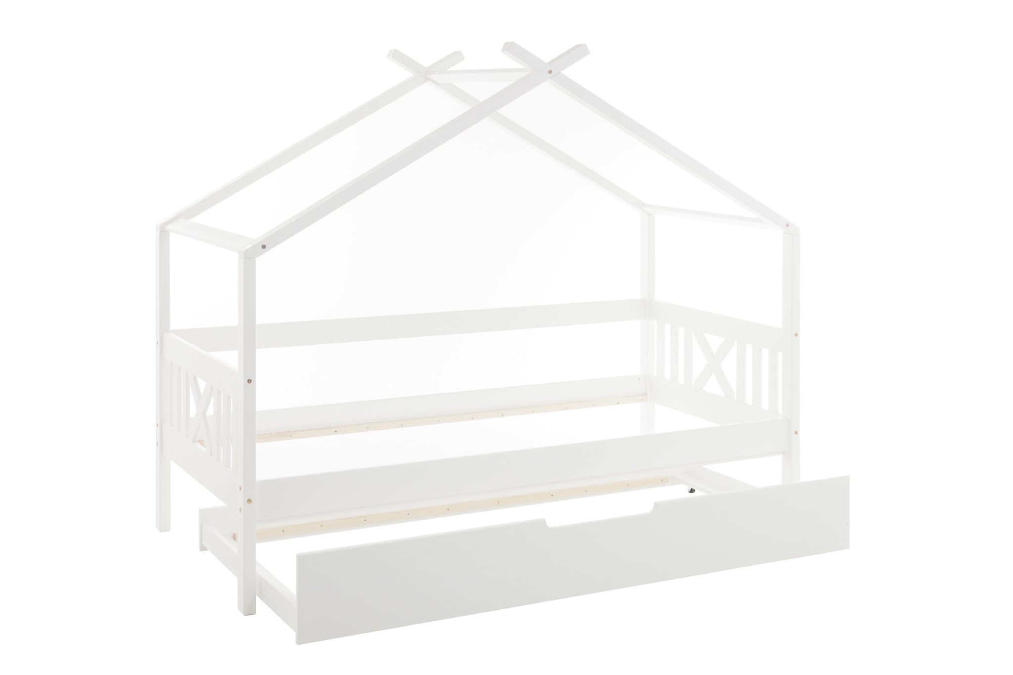 Huisbed Kinderbed Wit Grenenhout 90x200 met Logeerbed