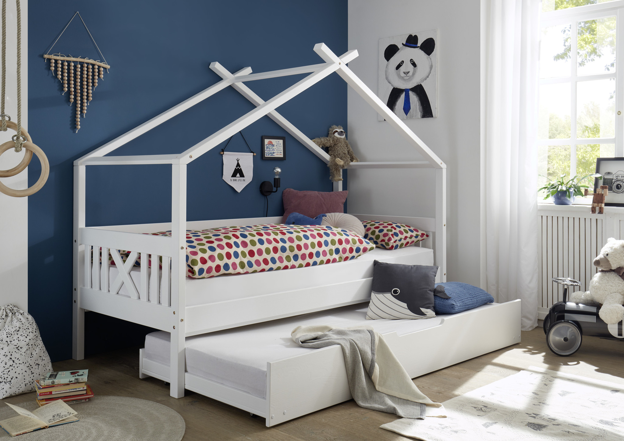 Huisbed Kinderbed Wit Grenenhout 90x200 met Logeerbed