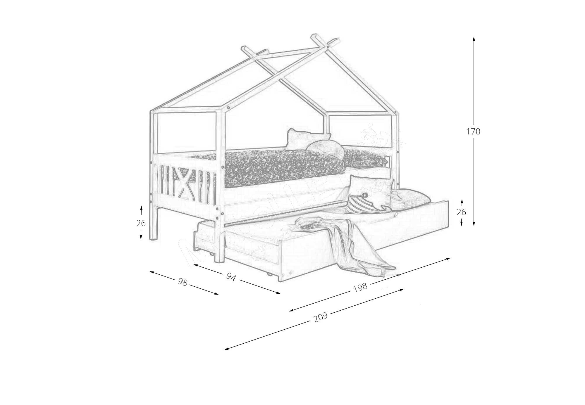 Huisbed Kinderbed Wit Grenenhout 90x200 met Logeerbed