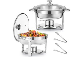 Chafing Dish Set 2x 5.5L Roestvrij Staal Zilver Glazen Deksel - 41% Korting