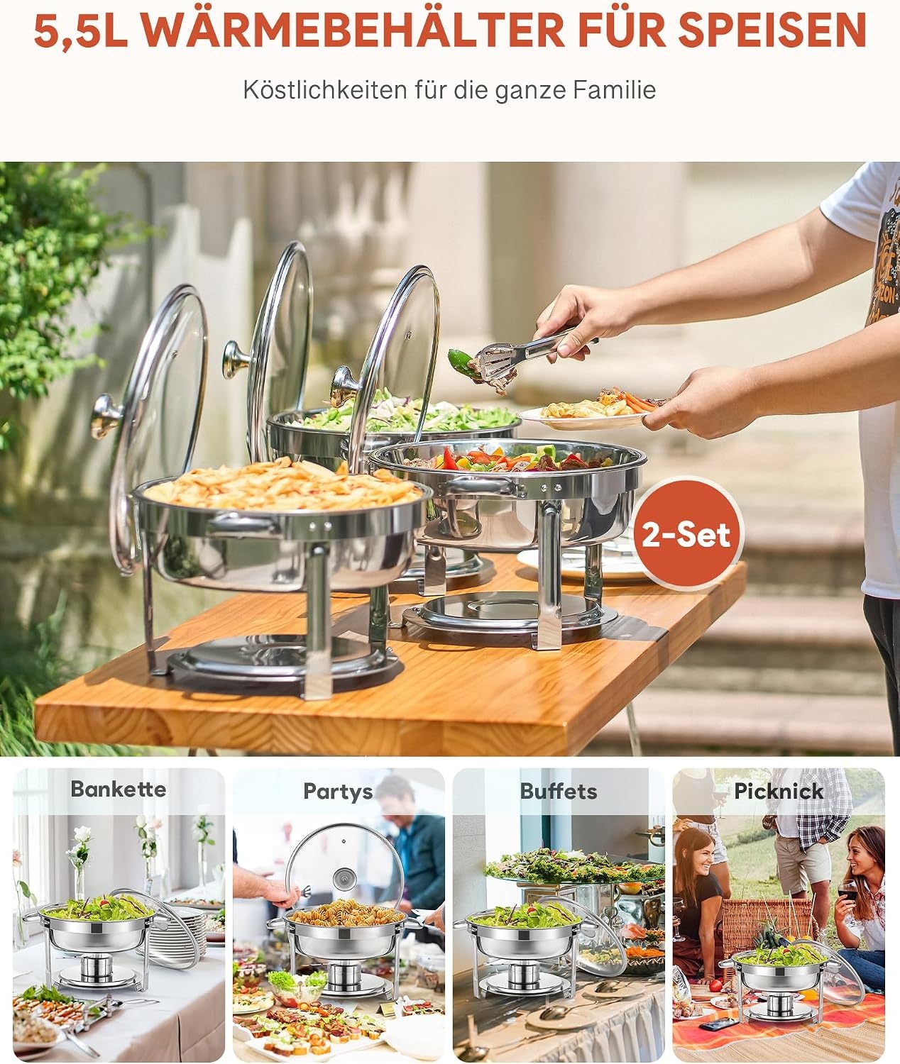 2x 5,5L Chafing Dish Set - RVS met Glazen Deksel - Buffet Warmhoudschaal (-34%)