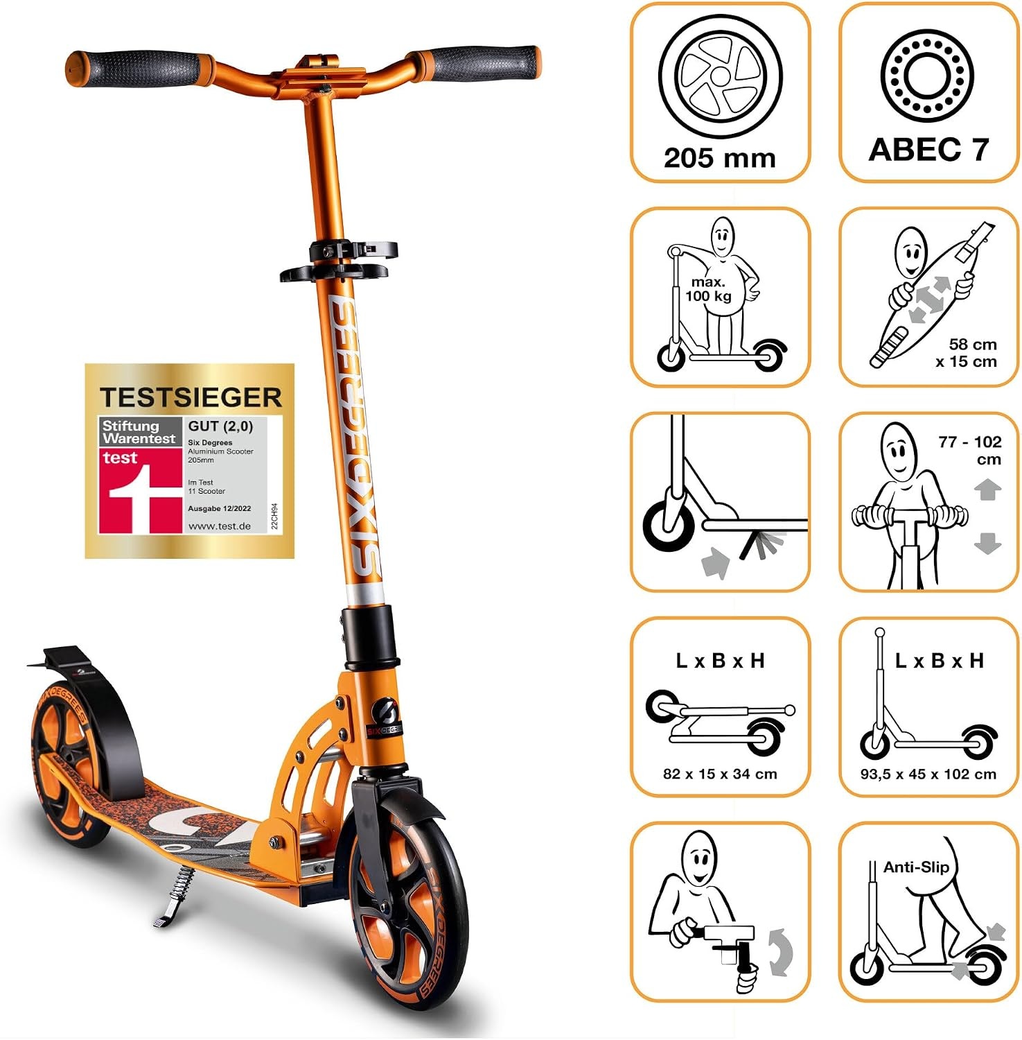 Oranje Stadsstep 205mm | Inklapbaar | 5 Hoogtes Verstelbaar Stuur | 34% Korting