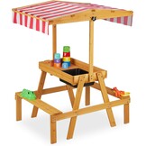 Relaxdays Kinderspeelset met zand- en watertafel, zonnedak, 110 x 65 x 83 cm, naturel