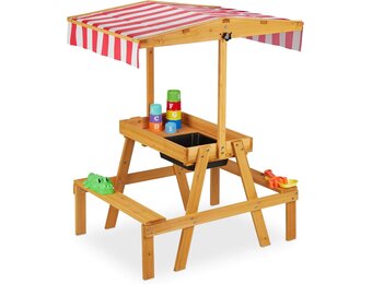 Relaxdays Kinderspeelset met zand- en watertafel, zonnedak, 110 x 65 x 83 cm, naturel