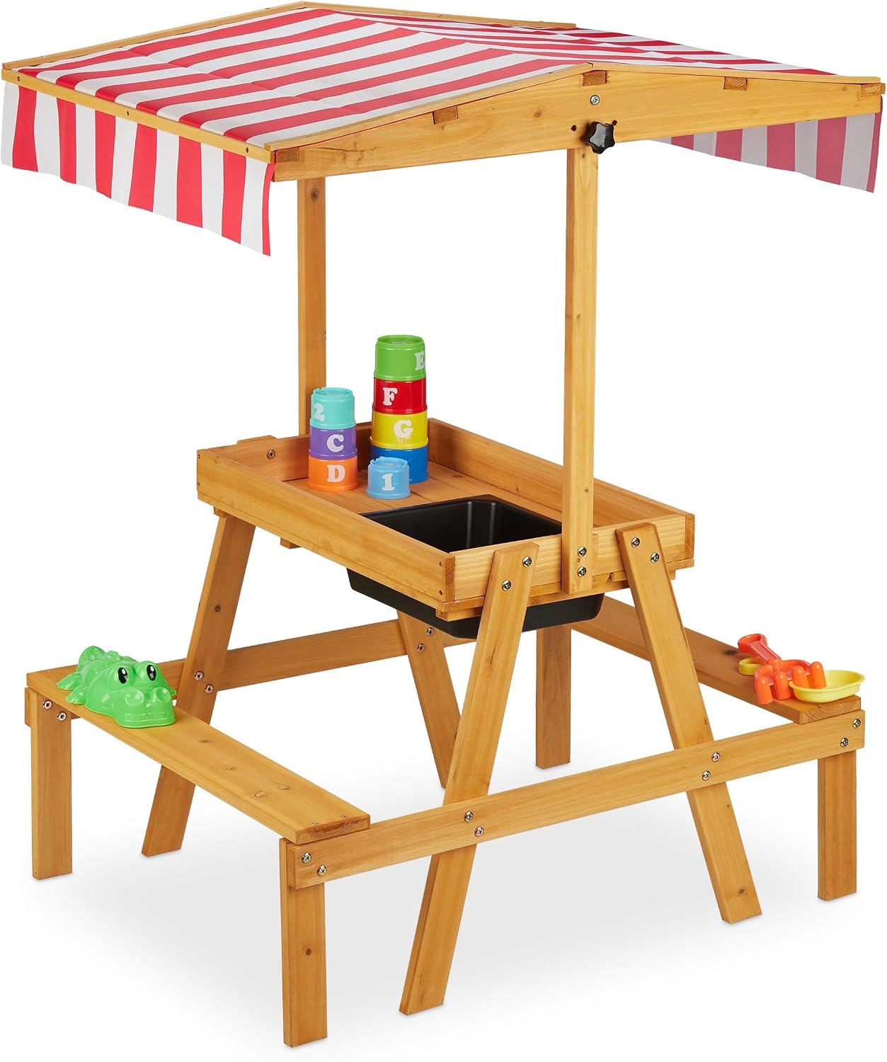 Relaxdays Kinderspeelset met zand- en watertafel, zonnedak, 110 x 65 x 83 cm, naturel