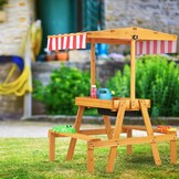 Relaxdays Kinderspeelset met zand- en watertafel, zonnedak, 110 x 65 x 83 cm, naturel
