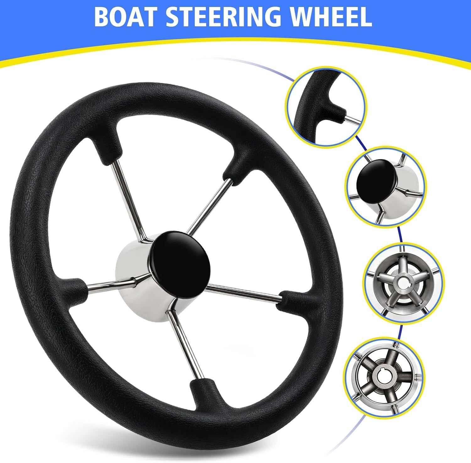 RVS Bootstuurwiel Zwart PU Schuim 34,3cm | 34% Korting