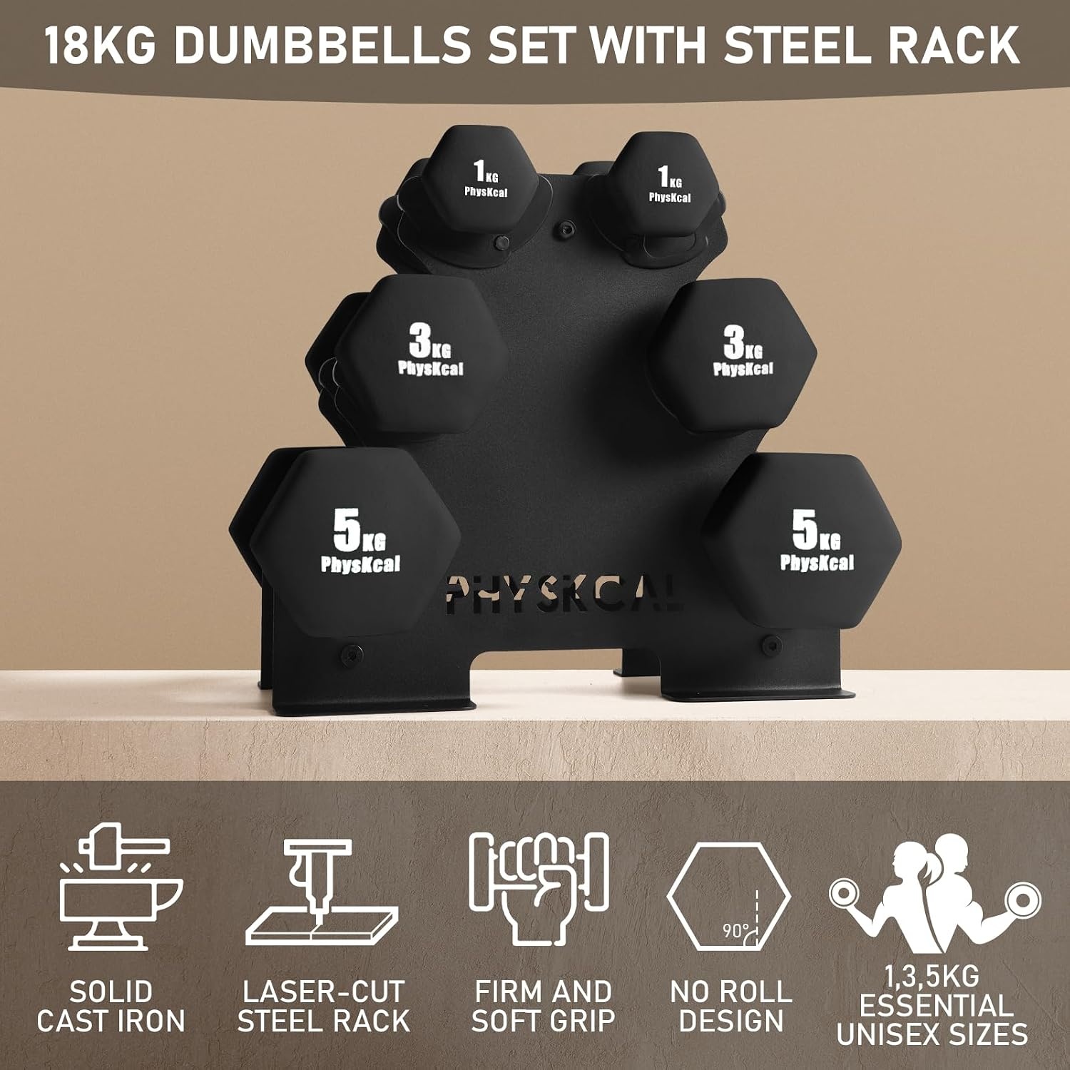PhysKcal Halters Set 18kg met Stalen Rek - 34% Korting