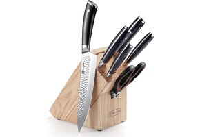 Messenblok met 7-delige Set: Koolstofstaal Koksmessen & Rode Schaar - 30% Korting!