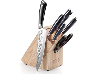 Messenblok met 7-delige Set: Koolstofstaal Koksmessen & Rode Schaar - 30% Korting!