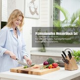 Messenblok met 7-delige Set: Koolstofstaal Koksmessen & Rode Schaar - 30% Korting!