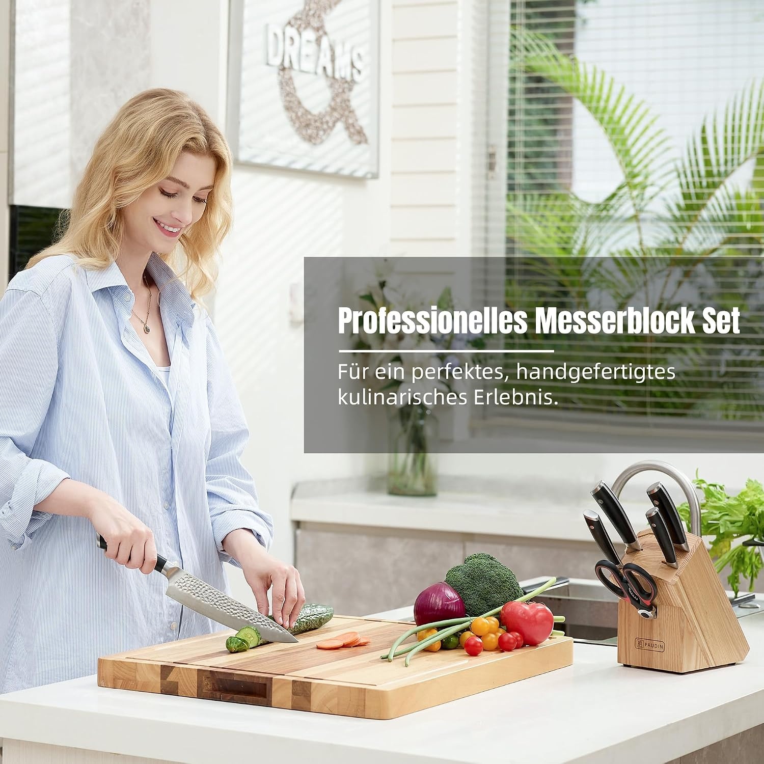 Messenblok met 7-delige Set: Koolstofstaal Koksmessen & Rode Schaar - 30% Korting!