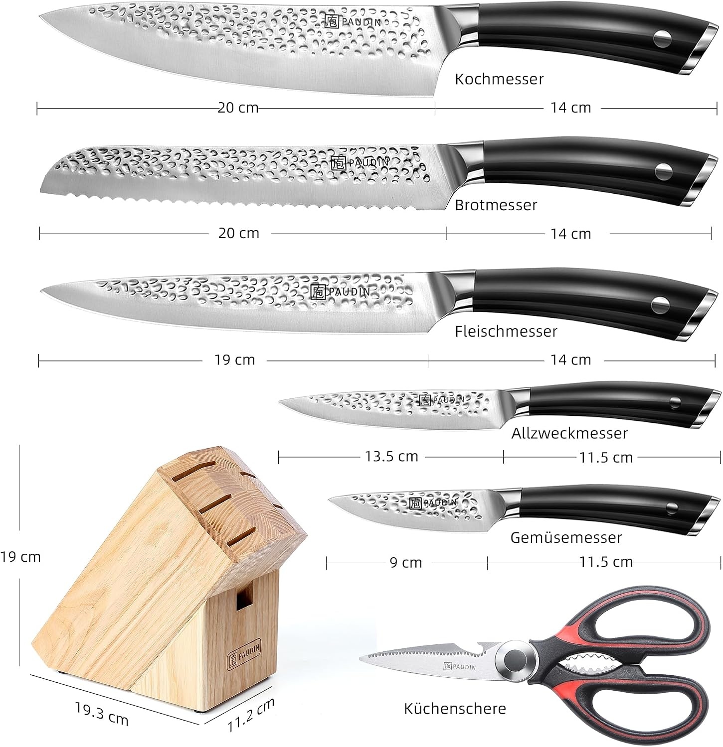 Messenblok met 7-delige Set: Koolstofstaal Koksmessen & Rode Schaar - 30% Korting!