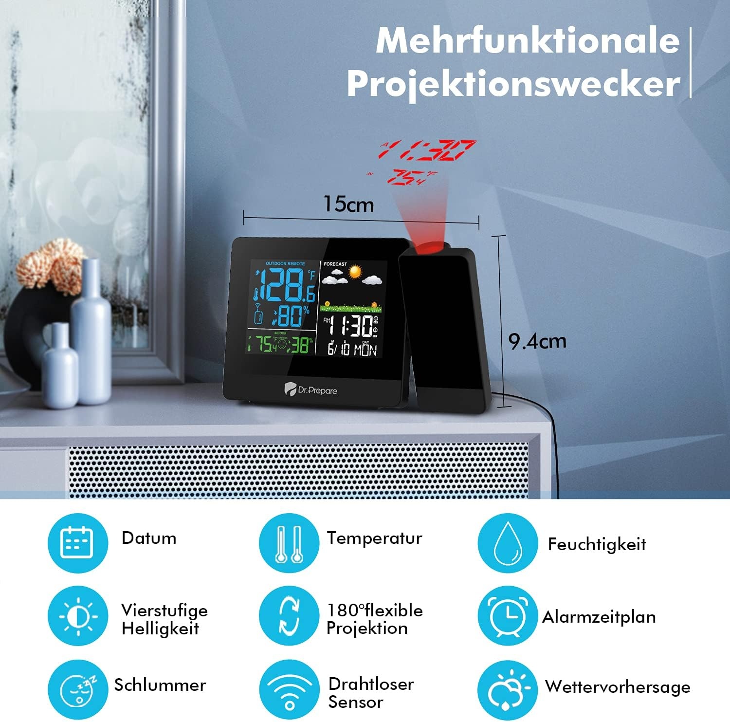Projectiewekker met Weerstation & Dubbel Alarm - 34% Korting