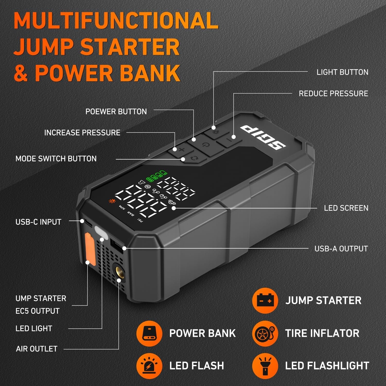 7000A Jump Starter & Bandenpomp met Powerbank - 34% Korting