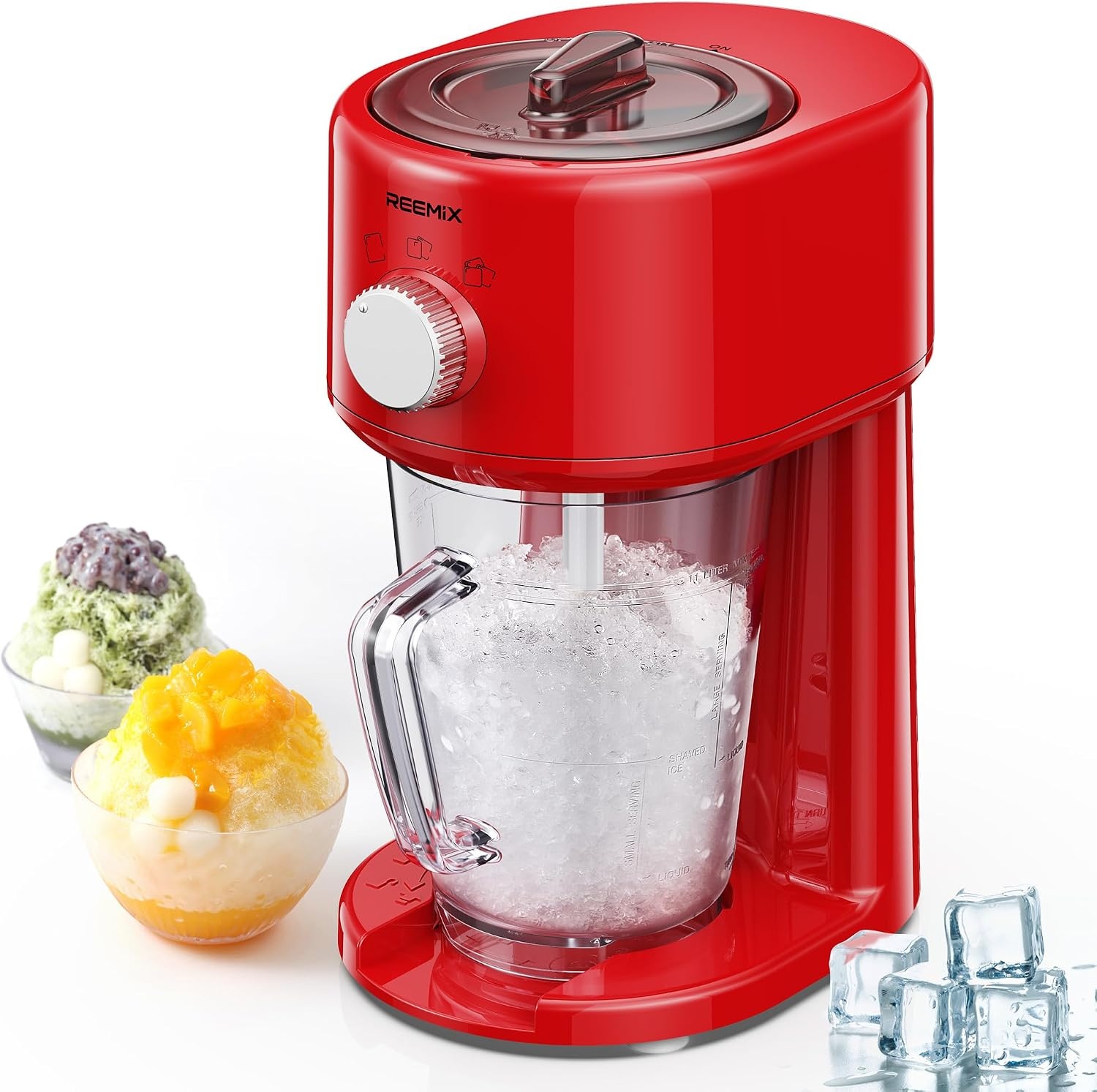 Reemix Slushy Maker Ice Shaver, slush-ijsmachine, 3 bedrijfsmodi voor grof en fijn ijs, roestvrijstalen messen, veiligheidssluiting (rood)