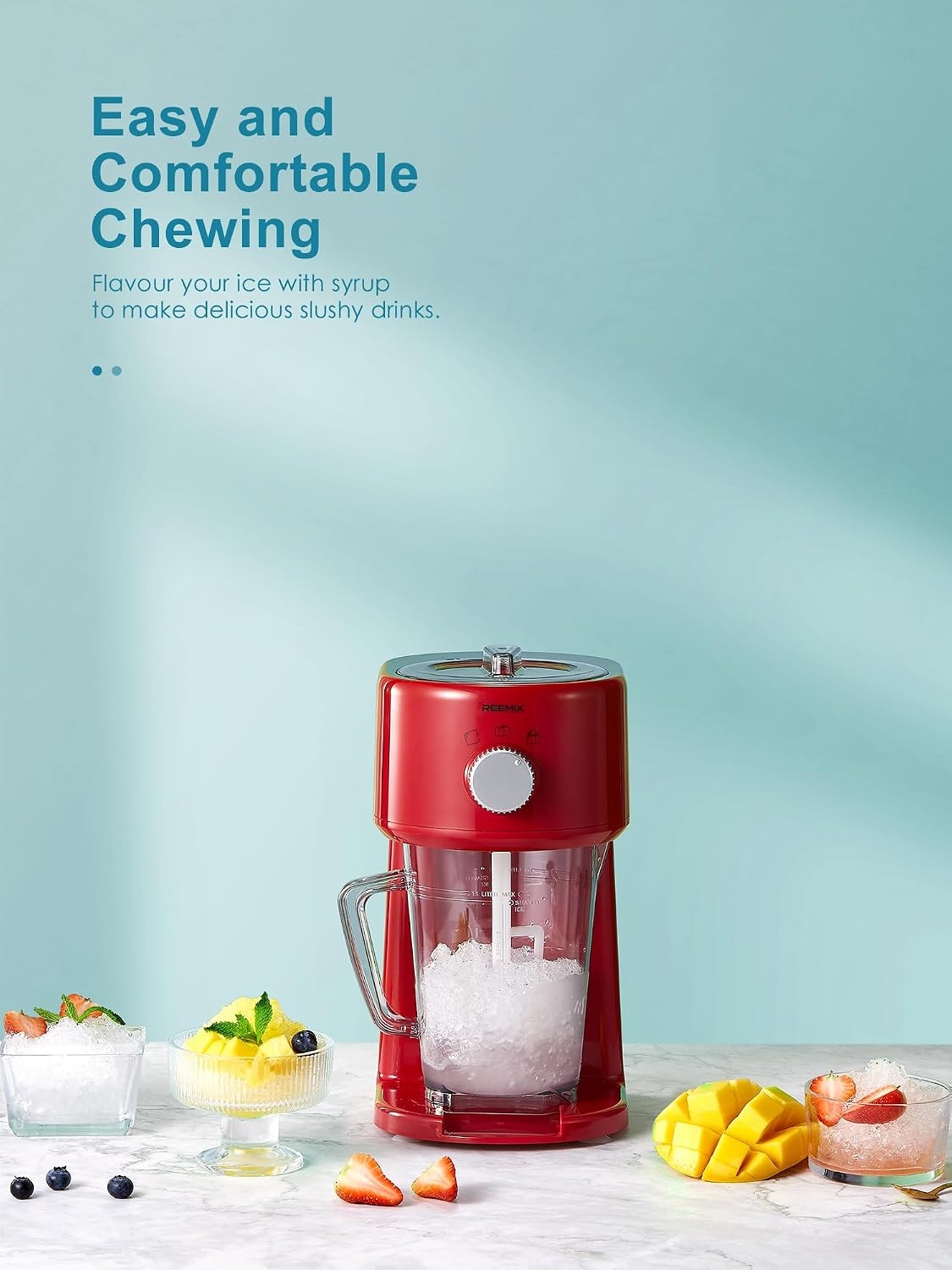 Reemix Slushy Maker Ice Shaver, slush-ijsmachine, 3 bedrijfsmodi voor grof en fijn ijs, roestvrijstalen messen, veiligheidssluiting (rood)
