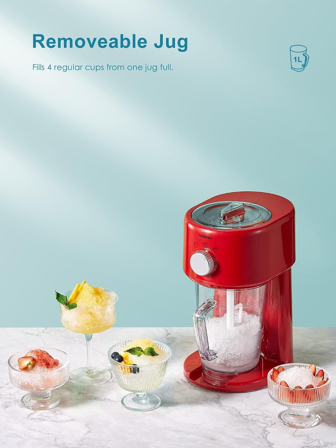 Reemix Slushy Maker Ice Shaver, slush-ijsmachine, 3 bedrijfsmodi voor grof en fijn ijs, roestvrijstalen messen, veiligheidssluiting (rood)