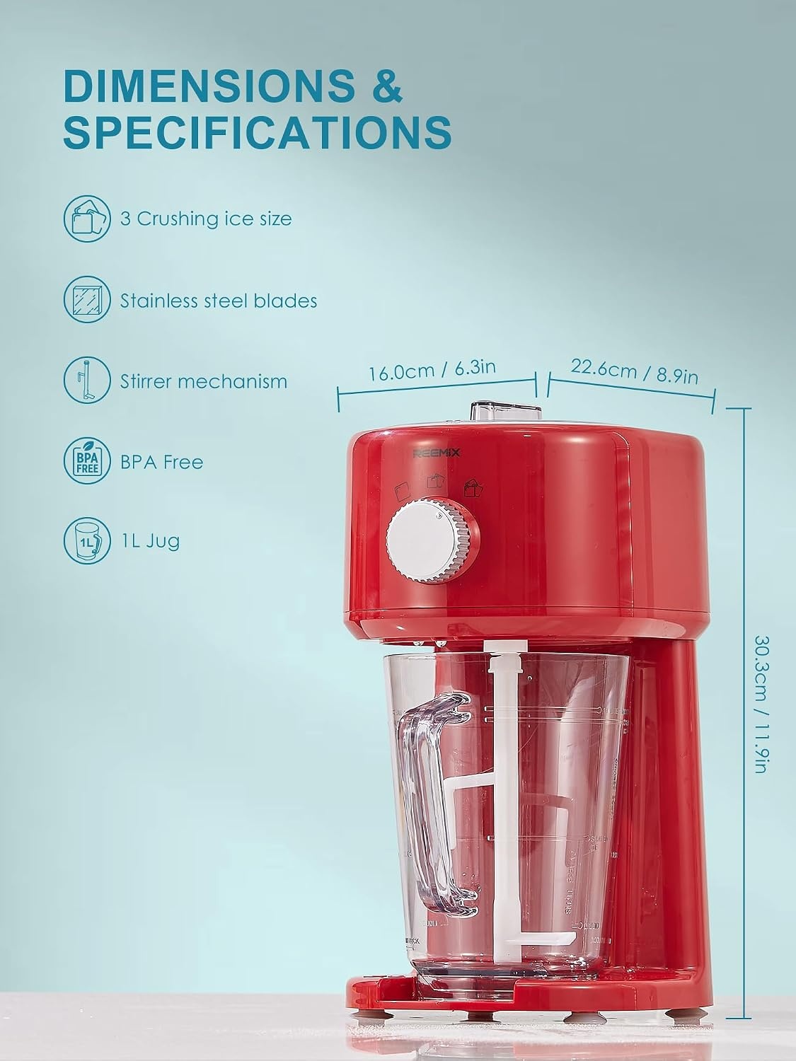 Reemix Slushy Maker Ice Shaver, slush-ijsmachine, 3 bedrijfsmodi voor grof en fijn ijs, roestvrijstalen messen, veiligheidssluiting (rood)