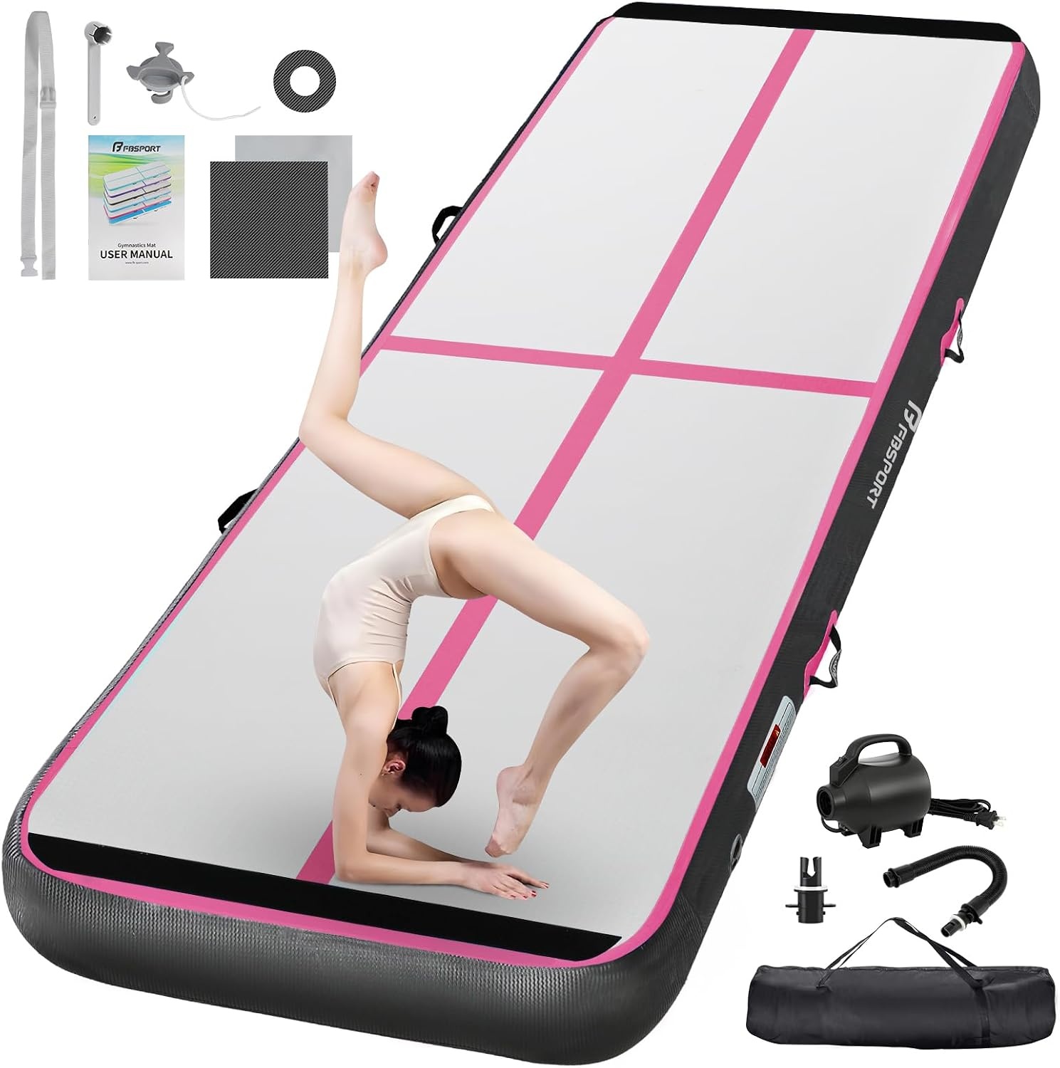 FBSPORT Opblaasbare gymnastiekmat, 3 m, tuimelmat, 20 cm dik, met elektrische luchtpomp, voor thuis, sportschool, yoga, pilates en waterplezier, draagbaar en gemakkelijk op te bergen
