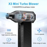 Elektrische stofblazer, 110.000 tpm, elektrische luchtblazer, 3 snelheden instelbare mini-blazer met accu, draadloze turbo-ventilator voor pc, toetsenbord, auto, dierenharen, outdoor en huis