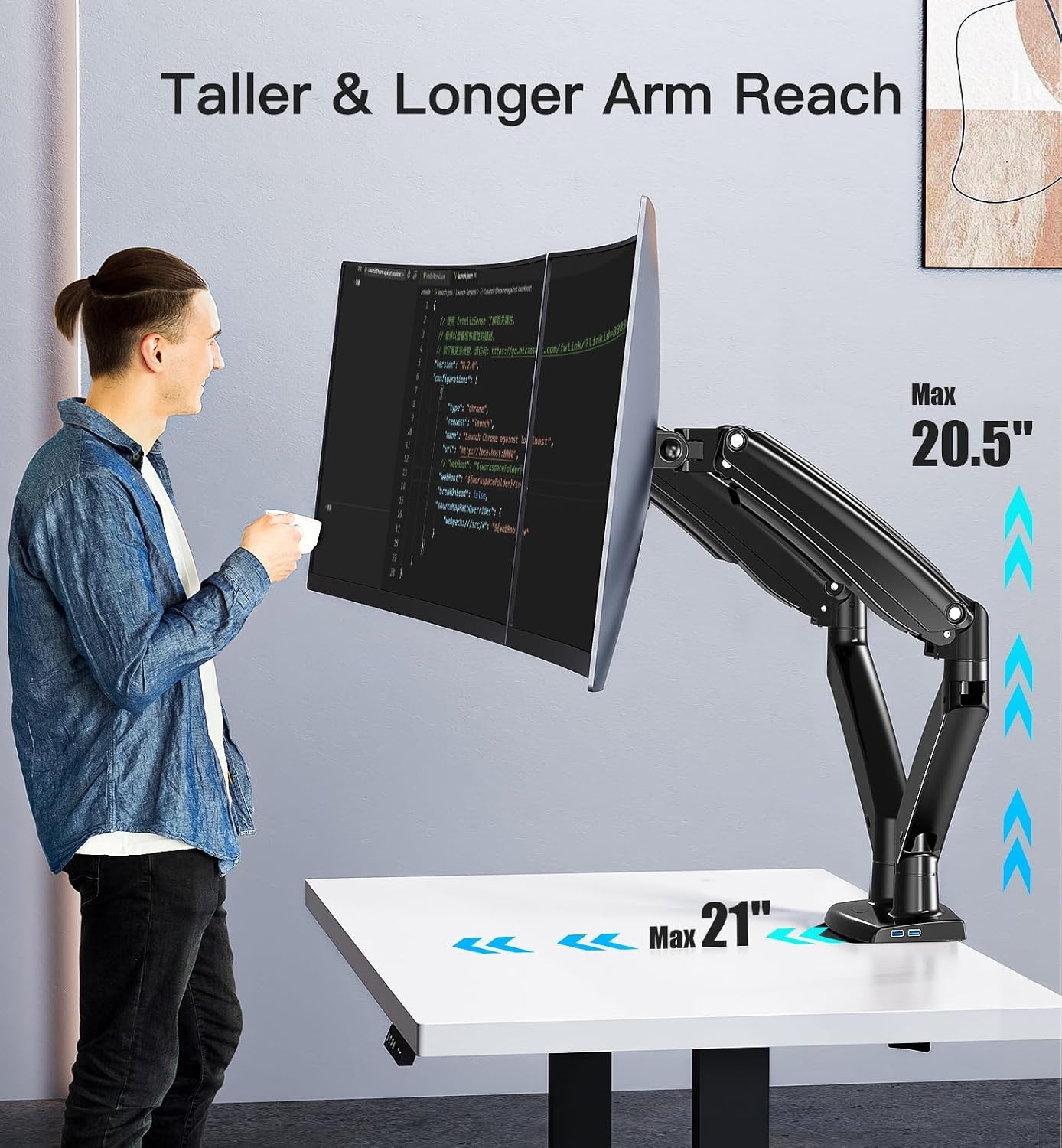 HUANUO Dubbele Monitor Arm voor 2 Schermen 15 tot 35 Inch - Gasveer - Zwart