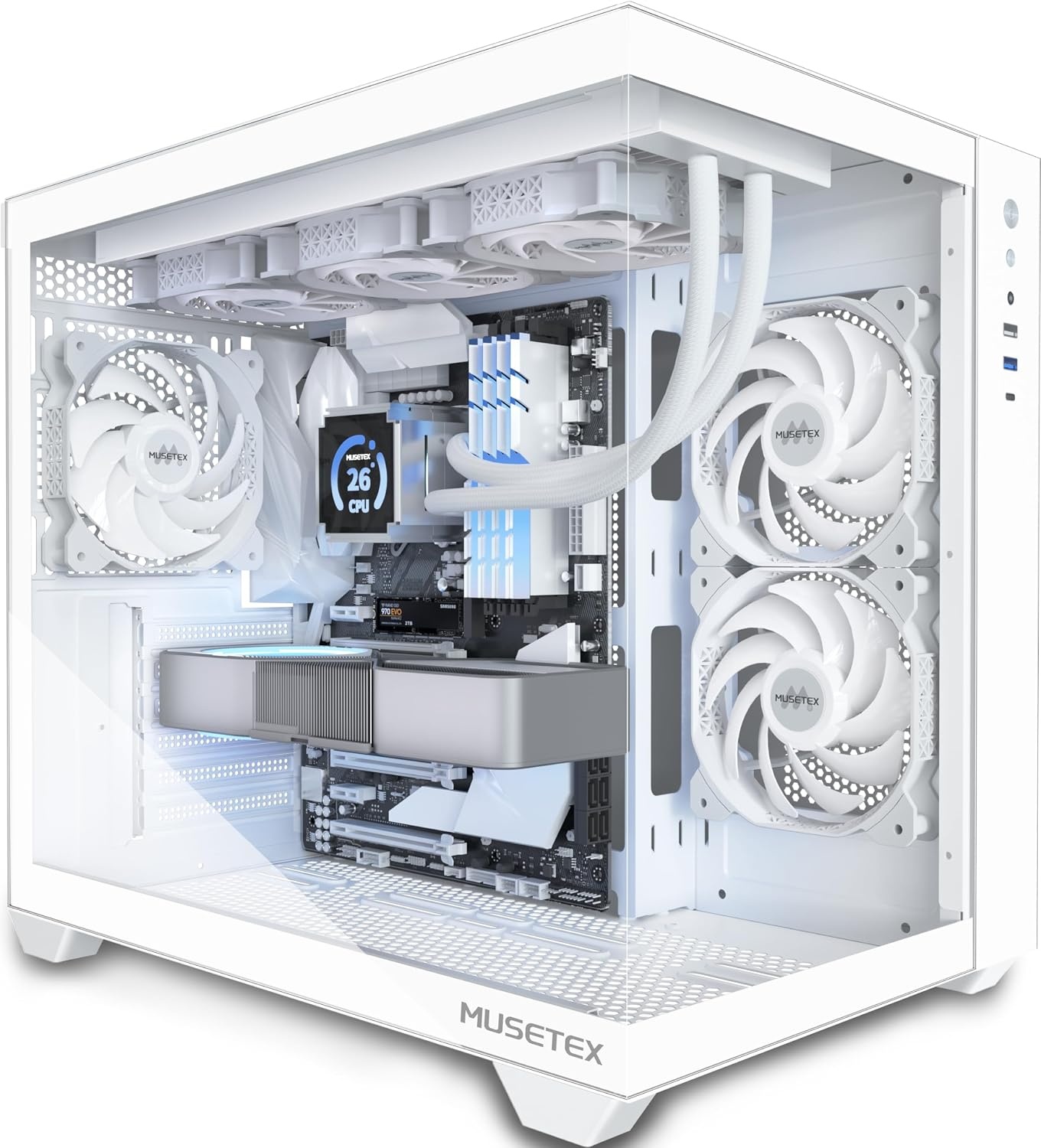 MUSETEX Y6 ATX PC Behuizing Wit met 3 Niet-LED Ventilatoren