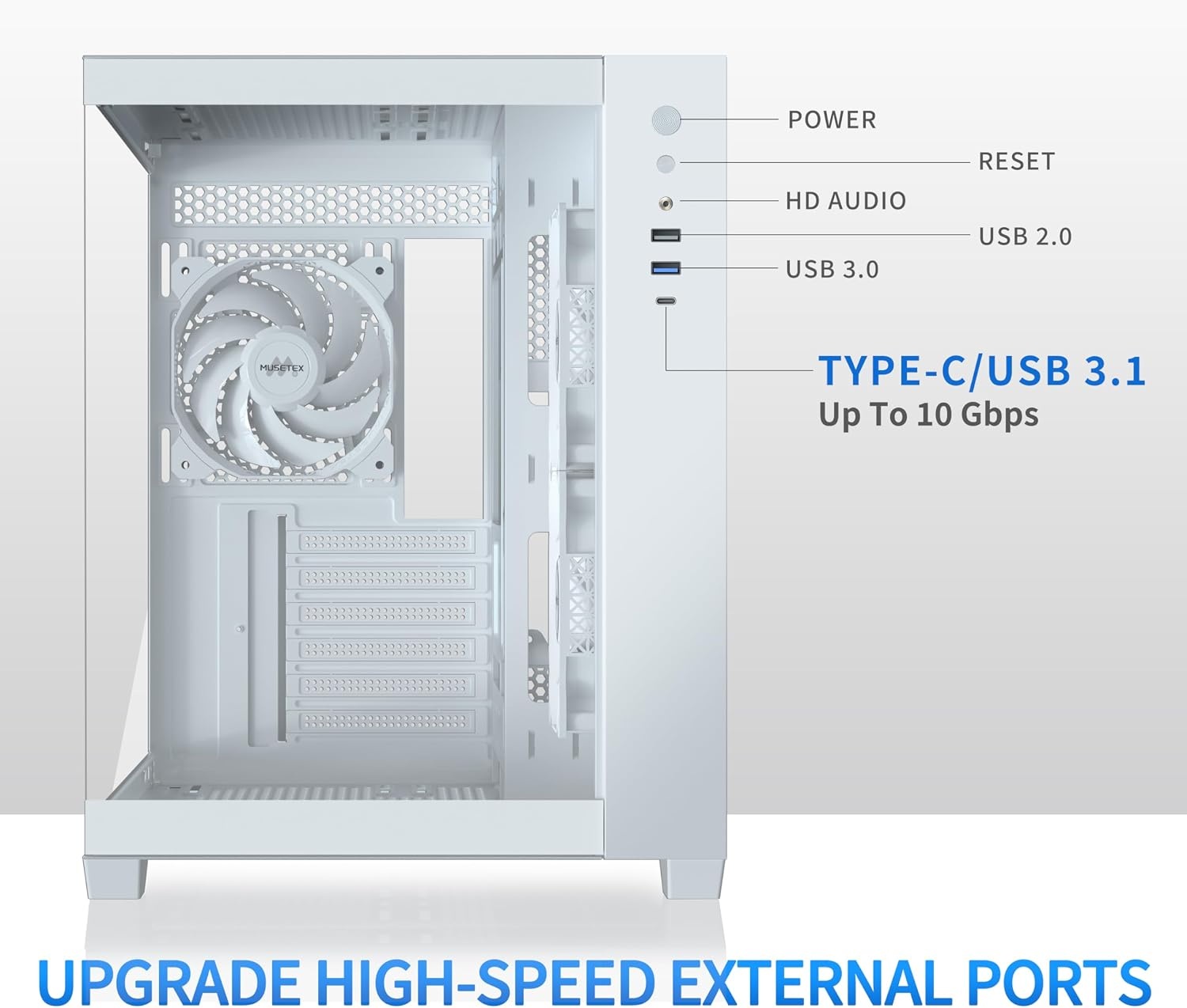MUSETEX Y6 ATX PC Behuizing Wit met 3 Niet-LED Ventilatoren