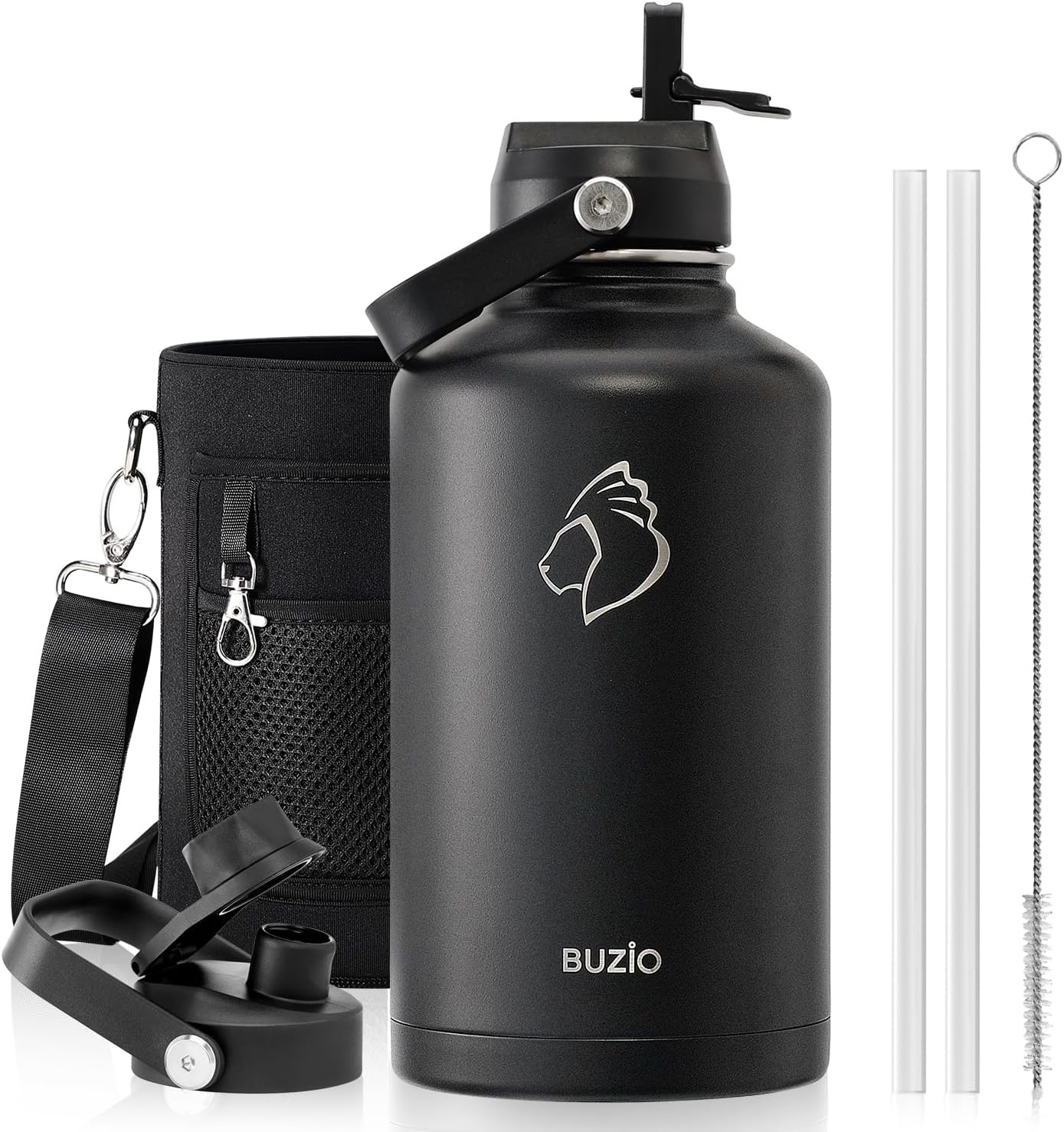 BUZIO Vacuüm geïsoleerde roestvrijstalen waterfles 64 oz (koud voor 48 uur/warm voor 24 uur) BPA vrije dubbelwandige reismok voor buitensporten wandelen, fietsen, kamperen, hardlopen