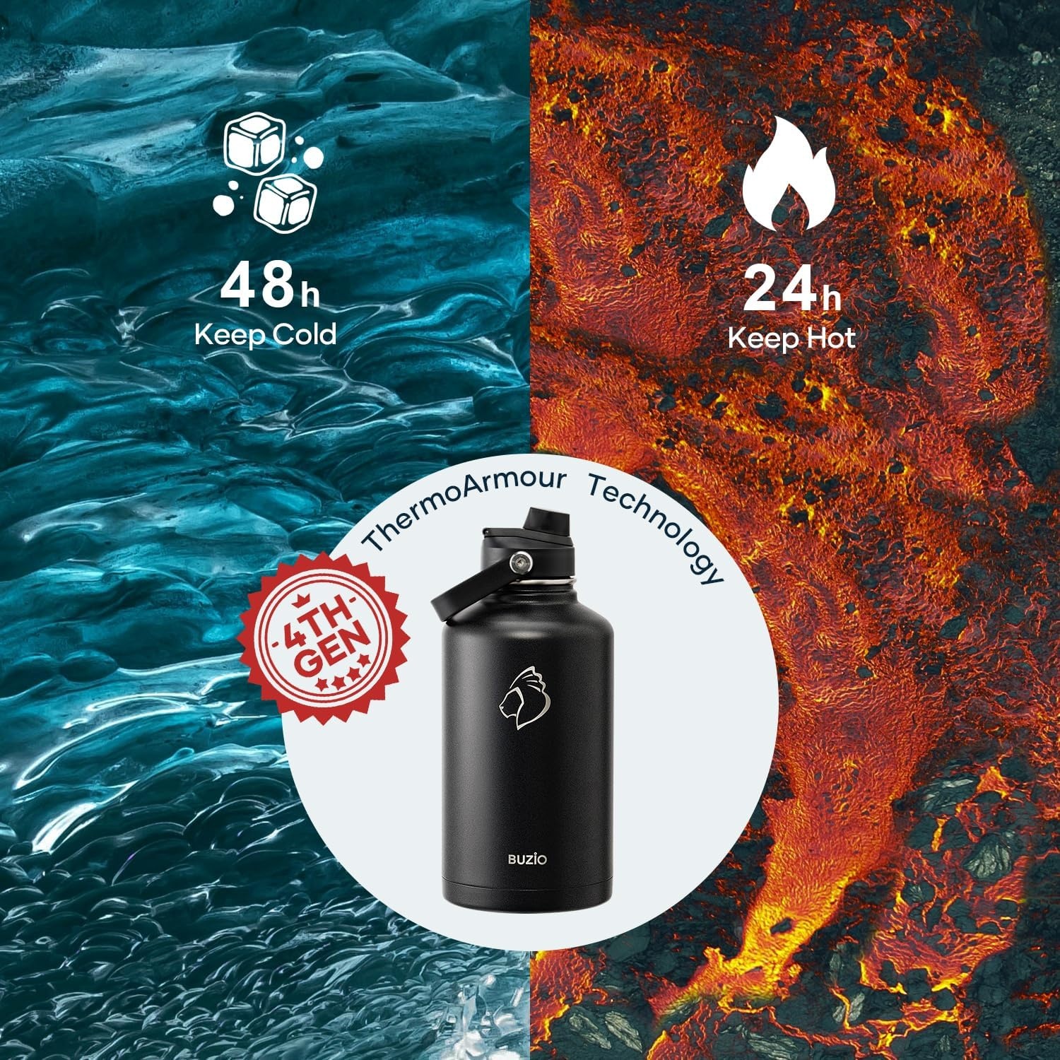 BUZIO Vacuüm geïsoleerde roestvrijstalen waterfles 64 oz (koud voor 48 uur/warm voor 24 uur) BPA vrije dubbelwandige reismok voor buitensporten wandelen, fietsen, kamperen, hardlopen