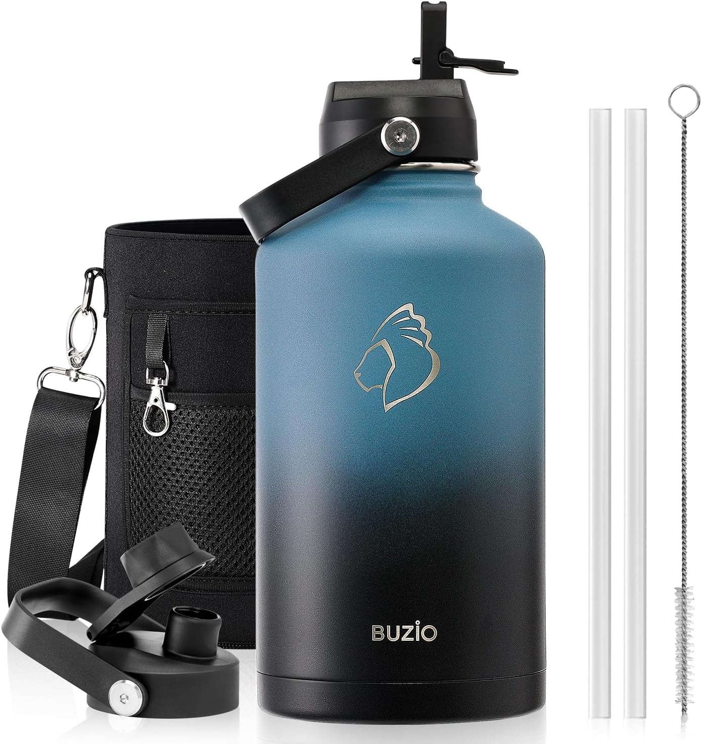 BUZIO Vacuüm geïsoleerde roestvrijstalen waterfles 64 oz (koud voor 48 uur/warm voor 24 uur) BPA vrije dubbelwandige reismok voor buitensporten wandelen, fietsen, kamperen, hardlopen