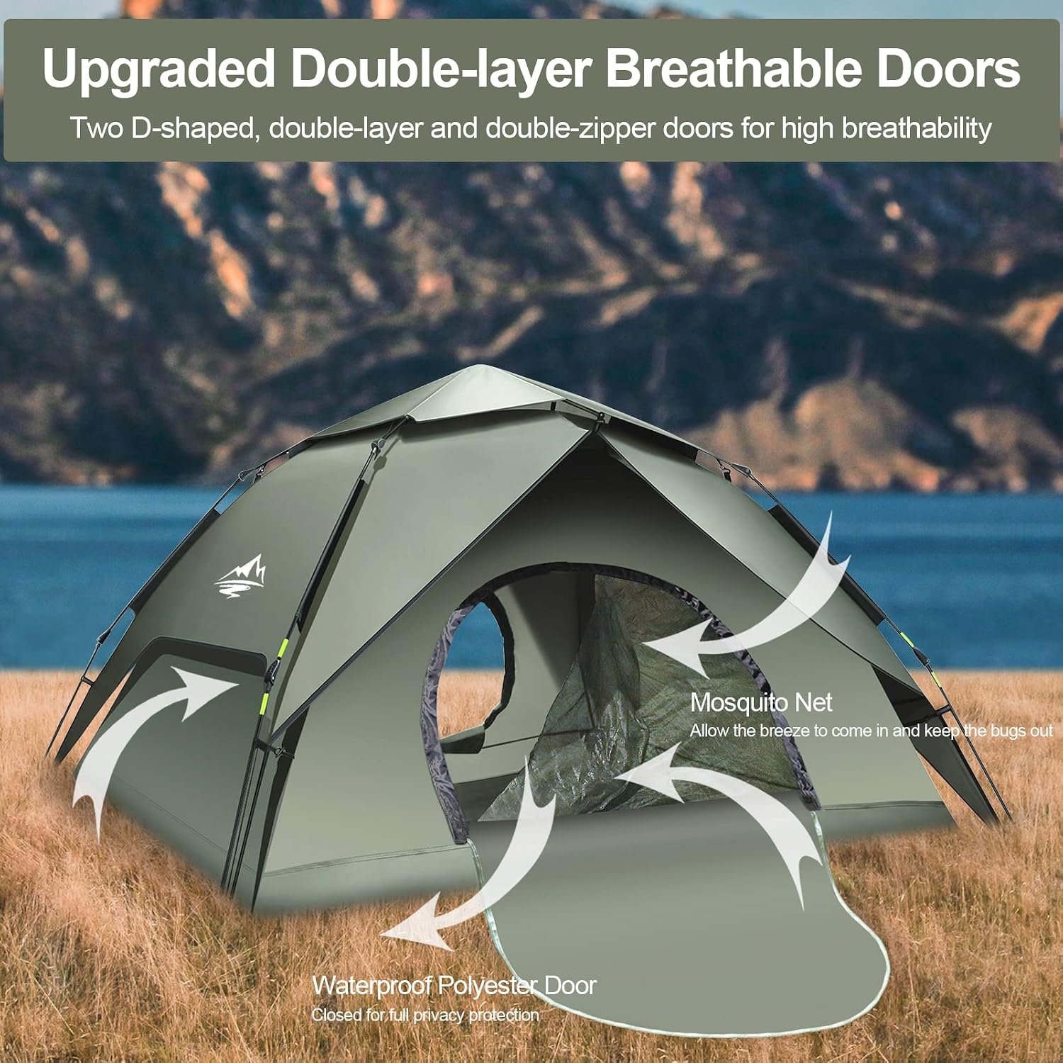 Campingtent, automatische onmiddellijke tent voor 2-3 personen, pop-up, dubbellaags, waterdicht en winddicht, ultralichte koepeltent, uv-bescherming, eenvoudige installatie voor trekking, gezinnen,