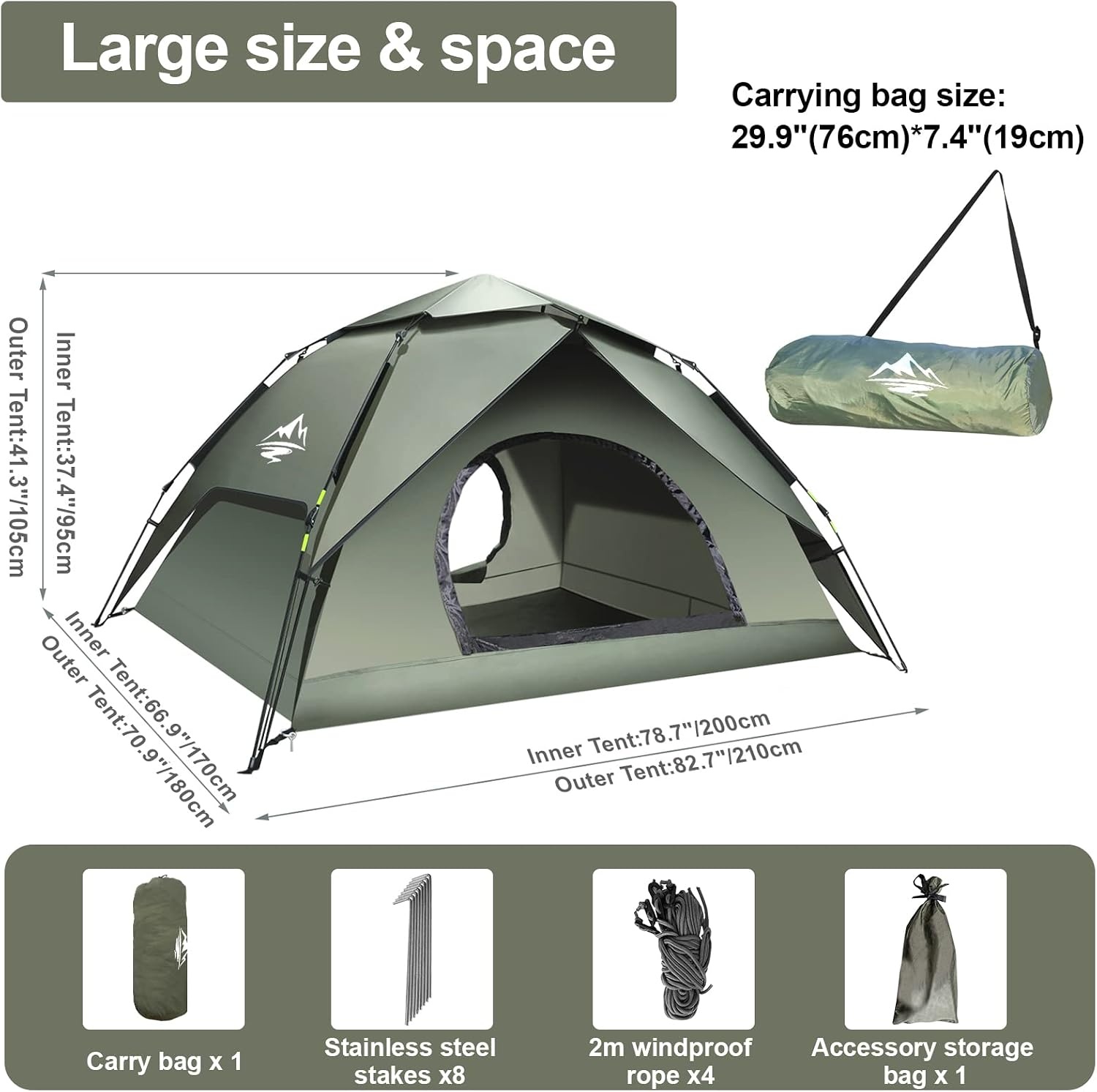 Campingtent, automatische onmiddellijke tent voor 2-3 personen, pop-up, dubbellaags, waterdicht en winddicht, ultralichte koepeltent, uv-bescherming, eenvoudige installatie voor trekking, gezinnen,