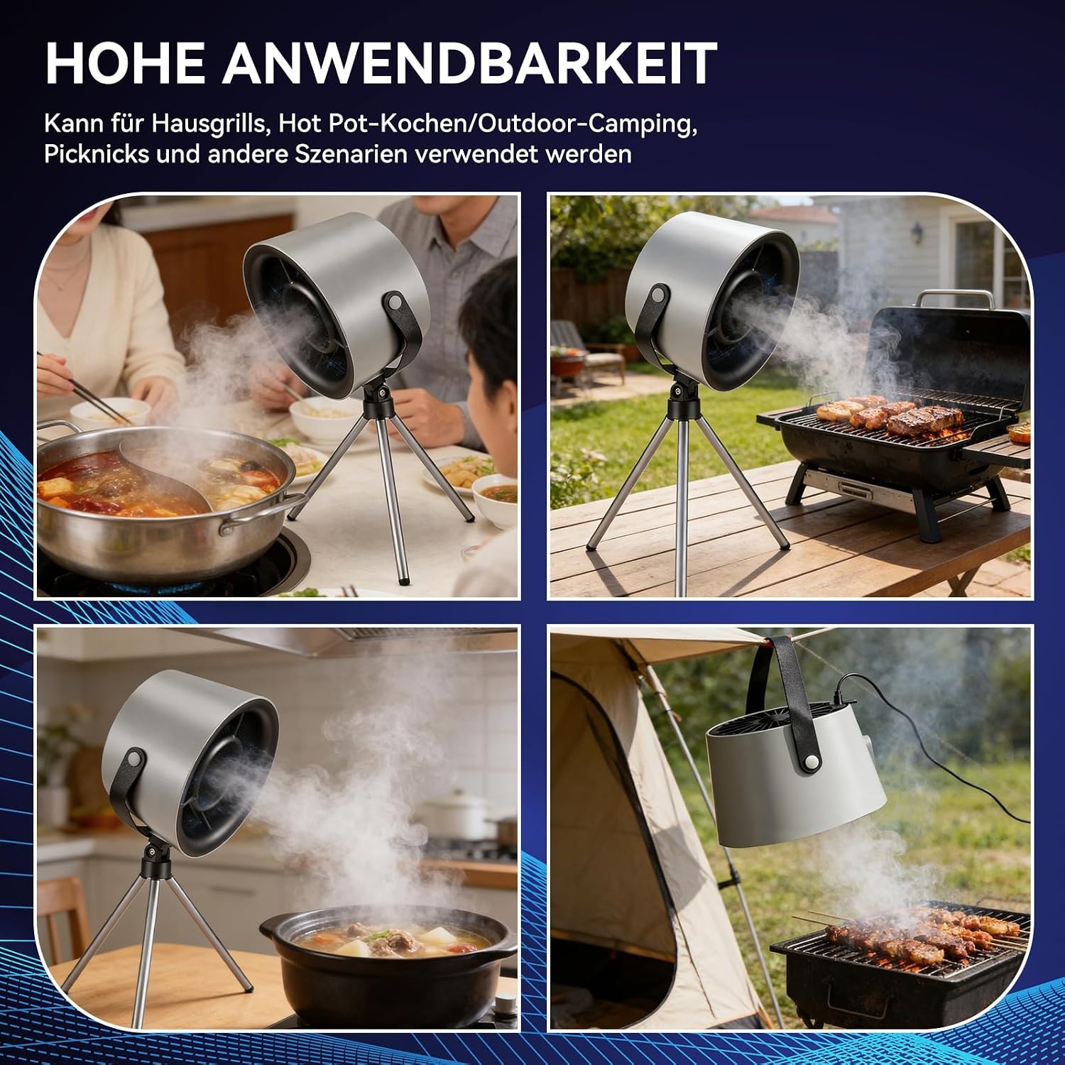 Mobiele afzuigkap zonder installatie, draagbare mini-afzuigkap met afneembaar statief en ophangtouw, 3-traps stil, ideaal voor woning, camper, outdoor, ruimtebesparende keukenaccessoires