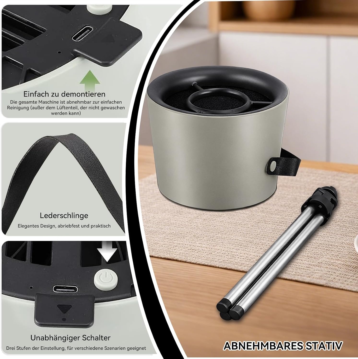 Mobiele afzuigkap zonder installatie, draagbare mini-afzuigkap met afneembaar statief en ophangtouw, 3-traps stil, ideaal voor woning, camper, outdoor, ruimtebesparende keukenaccessoires