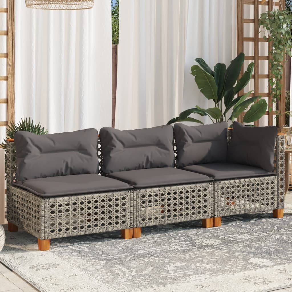 vidaXL Tuinbank 3-zits met kussens poly rattan grijs