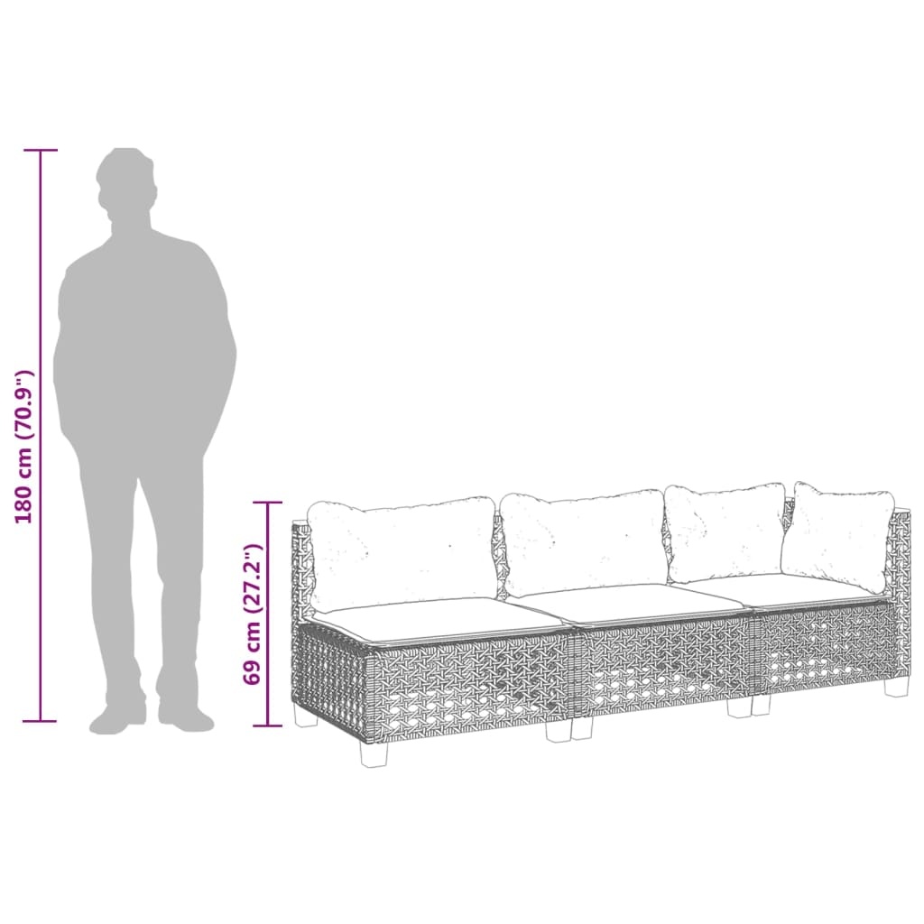 vidaXL Tuinbank 3-zits met kussens poly rattan grijs