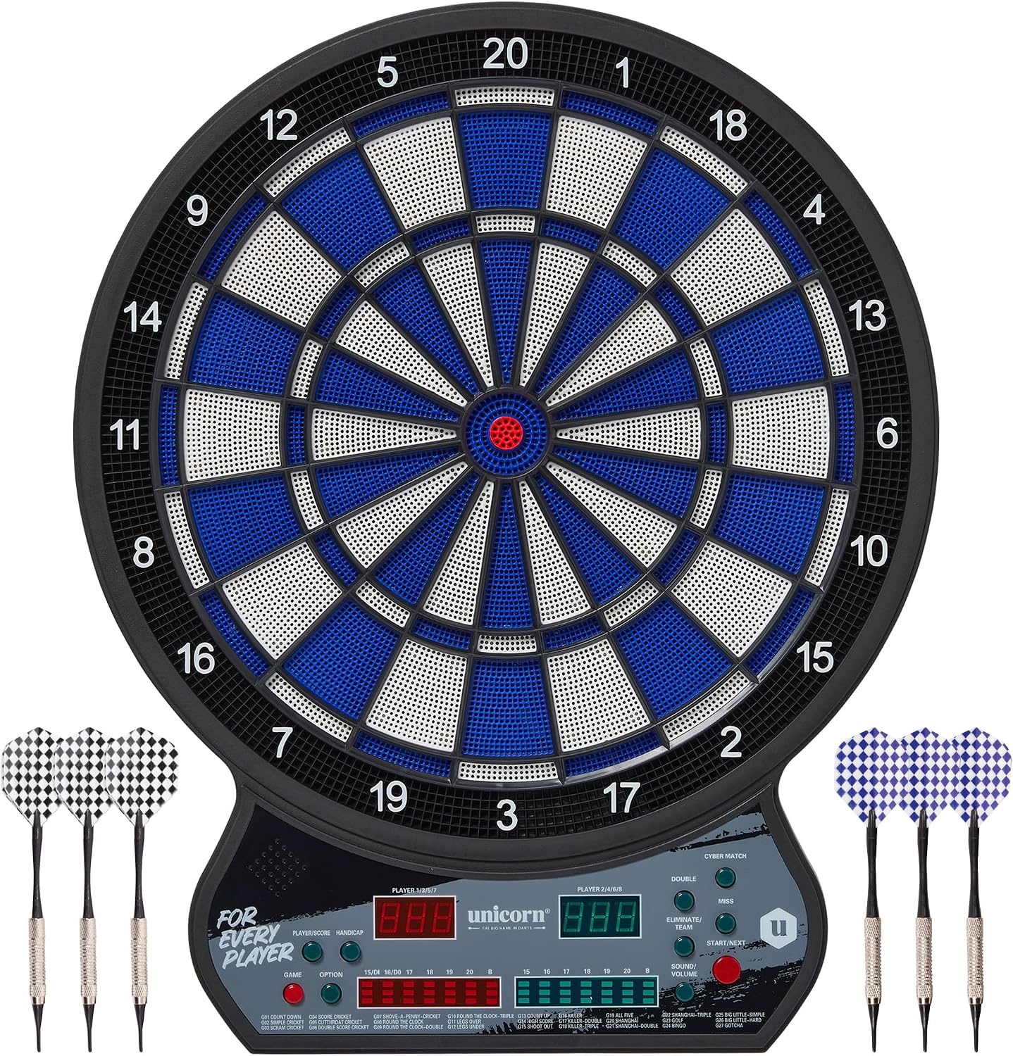 Unicorn Softtip dartbord, elektronisch led-display, automatisch scoren, 27 spellen met 175 variaties, geschikt voor maximaal 8 spelers, inclusief voedingsadapter en 6 dartpijlen